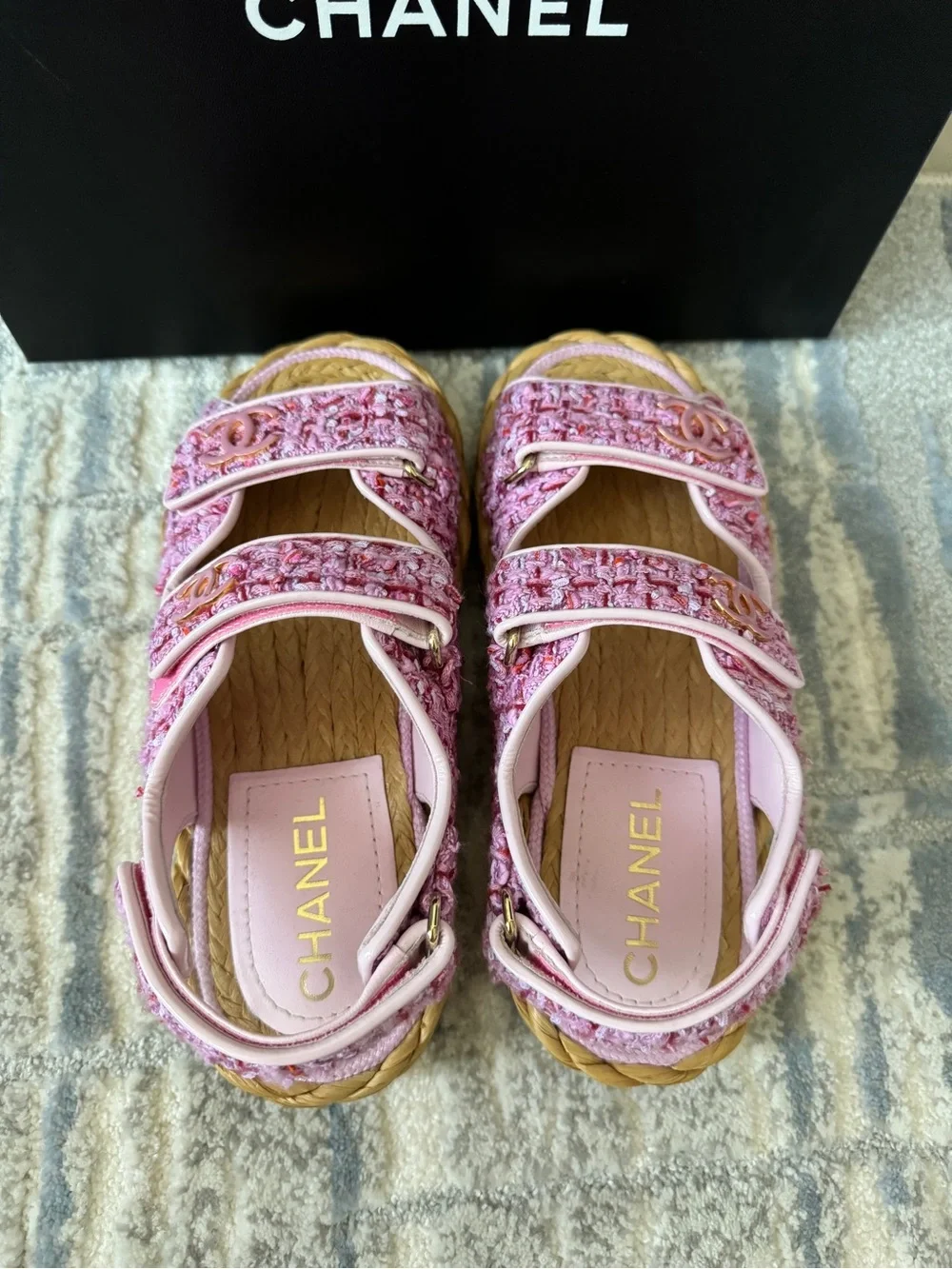 Chanel Pink and Red Tweed Dad Sandals Braided Raffia Sole Pink CC Logos 22P